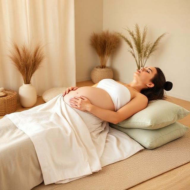 Pregnancy shiatsu, gentle side-lying support with bolsters